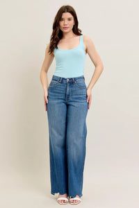 Judy Blue High Waist Tummy Control Chew Hem Destroy Wide Jeans- Boho Chic Styles by Reef Love