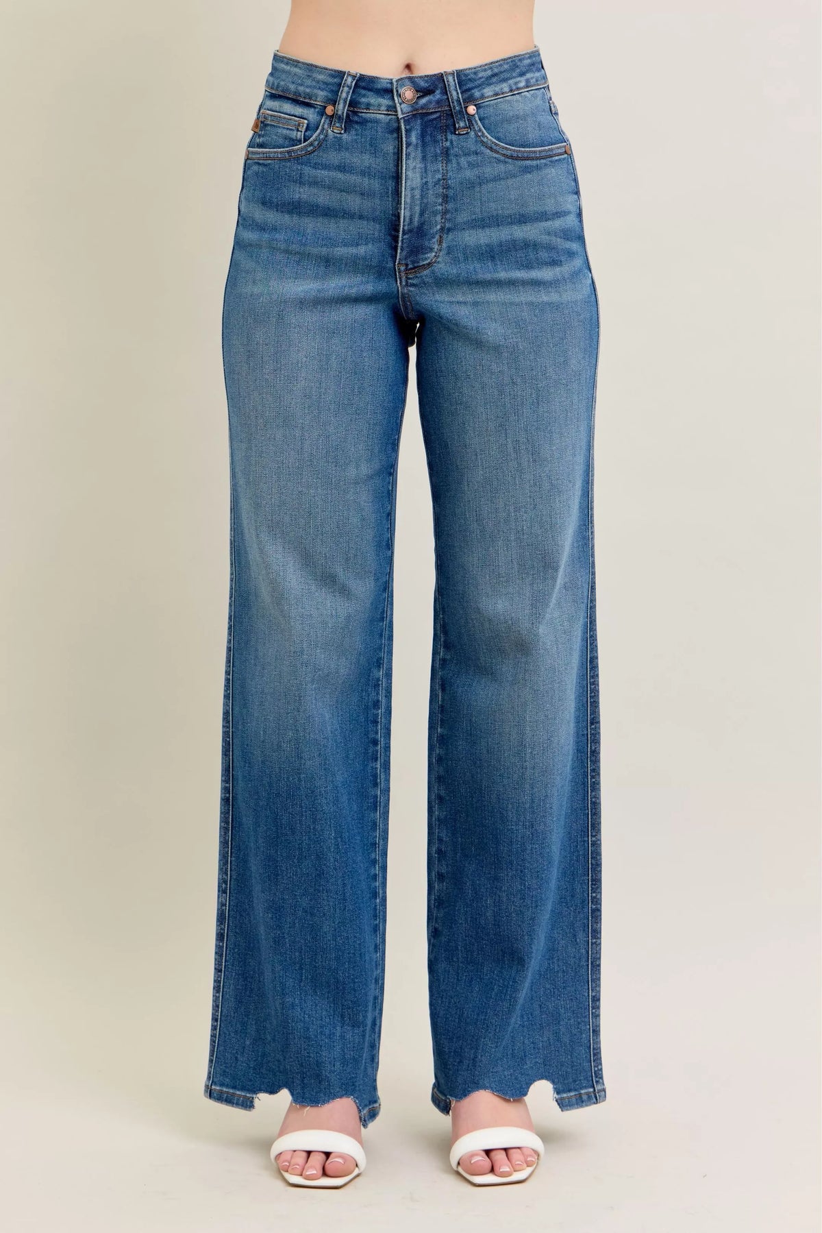 Judy Blue High Waist Tummy Control Chew Hem Destroy Wide Jeans- Boho Chic Styles by Reef Love