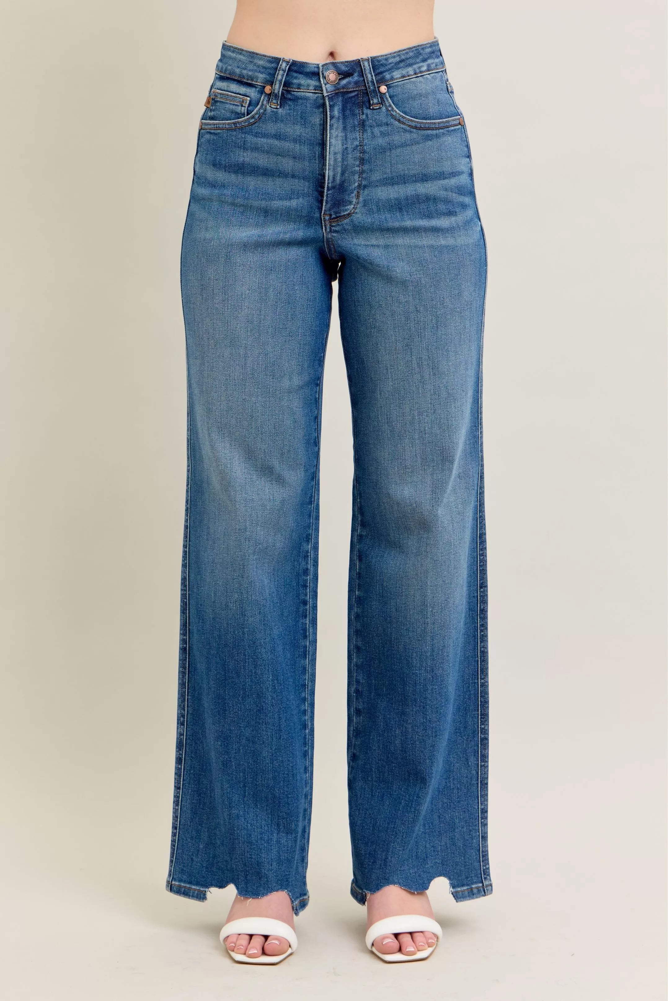 Judy Blue High Waist Tummy Control Chew Hem Destroy Wide Jeans- Boho Chic Styles by Reef Love