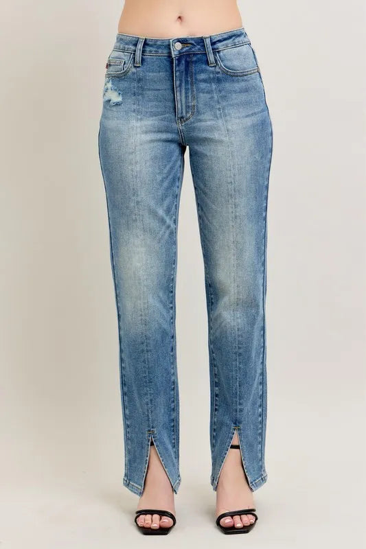 Judy Blue High Waist Vintage Wash Front Seam & Slit Straight Leg Jeans