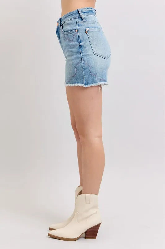 Judy Blue High Waist Western Embroidery Detail Cut Off Denim Shorts-Jean Shorts-Reef Love
