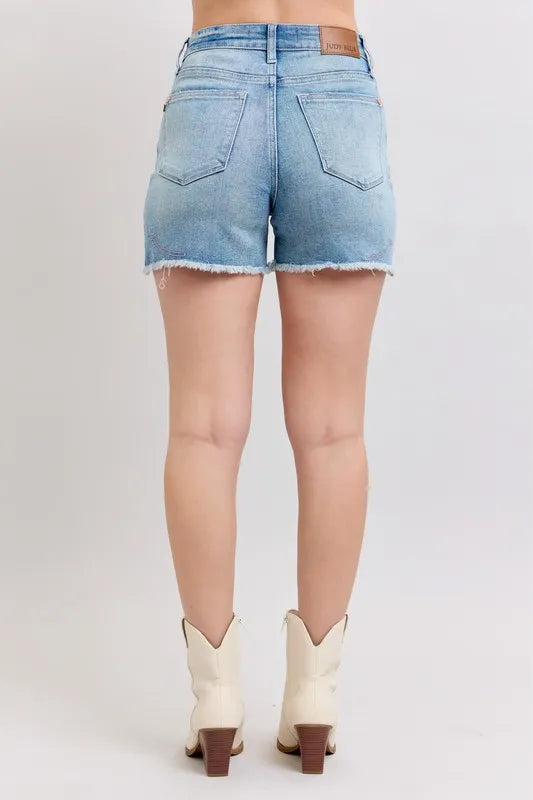 Judy Blue High Waist Western Embroidery Detail Cut Off Denim Shorts-Jean Shorts-Reef Love