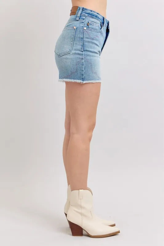 Judy Blue High Waist Western Embroidery Detail Cut Off Denim Shorts-Jean Shorts-Reef Love