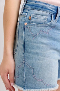 Judy Blue High Waist Western Embroidery Detail Cut Off Denim Shorts-Jean Shorts-Reef Love