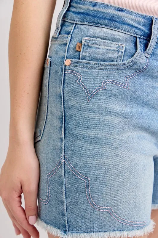 Judy Blue High Waist Western Embroidery Detail Cut Off Denim Shorts-Jean Shorts-Reef Love