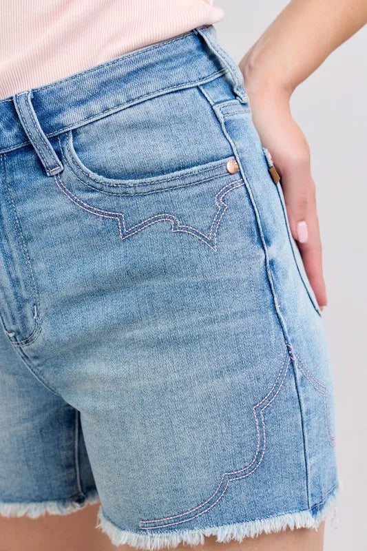 Judy Blue High Waist Western Embroidery Detail Cut Off Denim Shorts-Jean Shorts-Reef Love