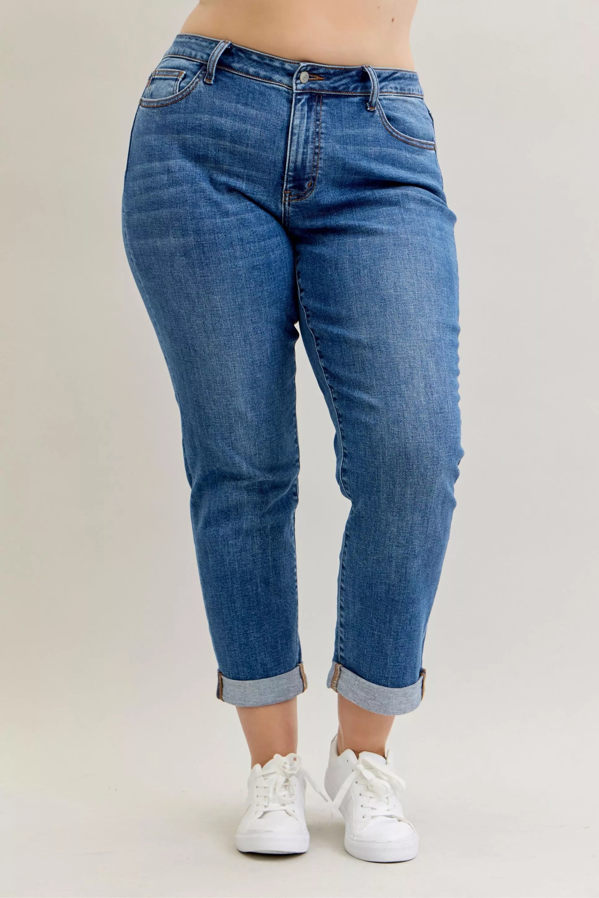 Judy Blue Mid Rise Boyfriend Classic Cuffed Jeans