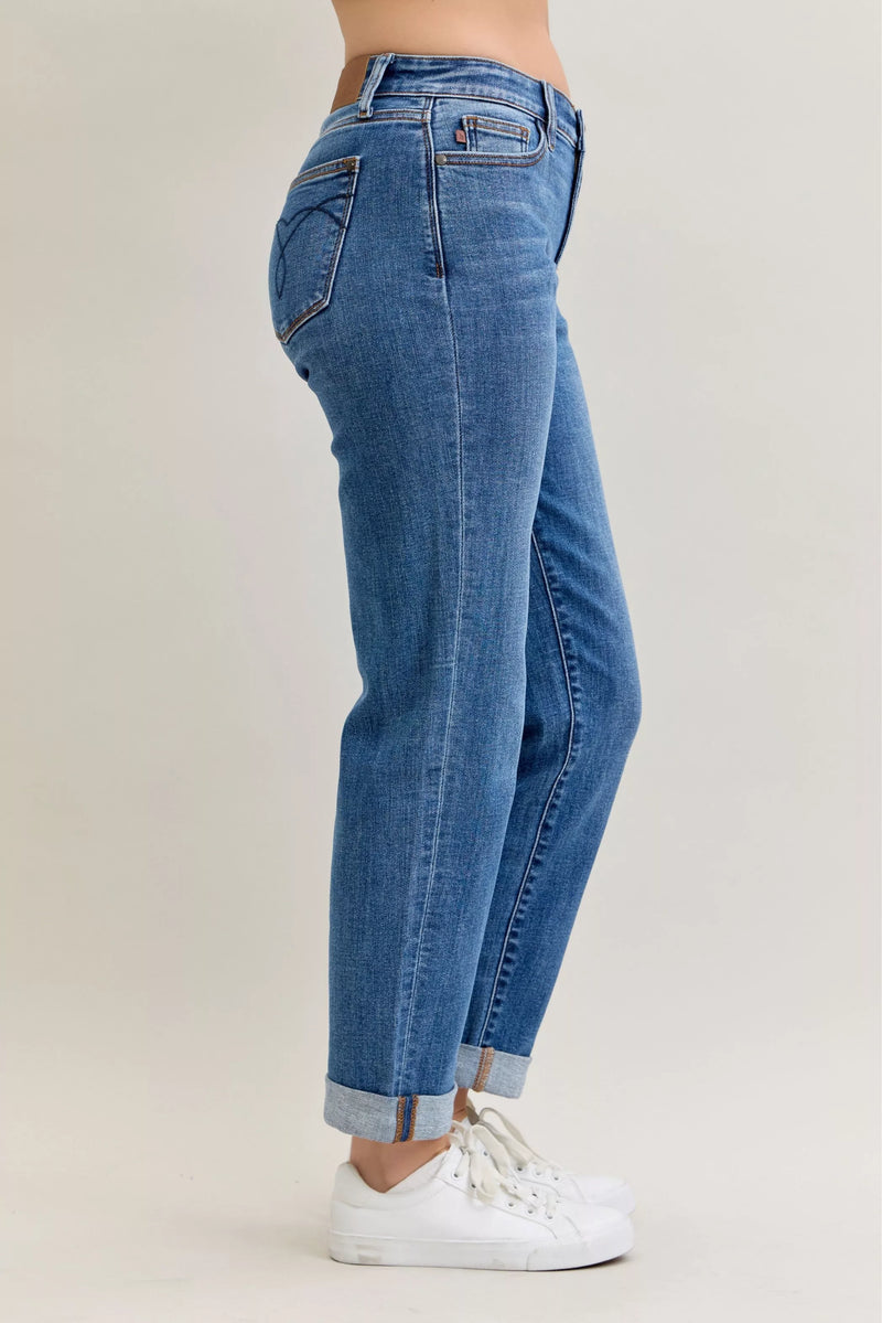 Judy Blue Mid Rise Boyfriend Classic Cuffed Jeans
