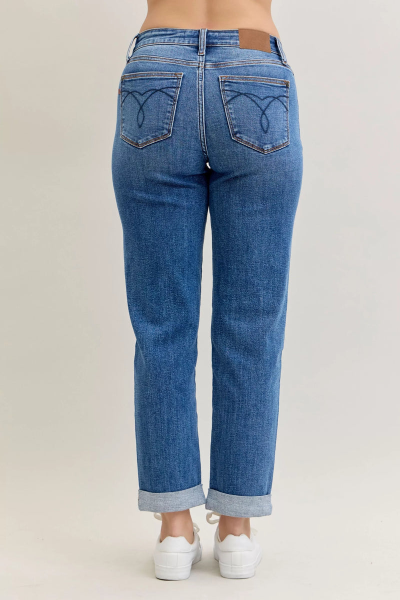 Judy Blue Mid Rise Boyfriend Classic Cuffed Jeans