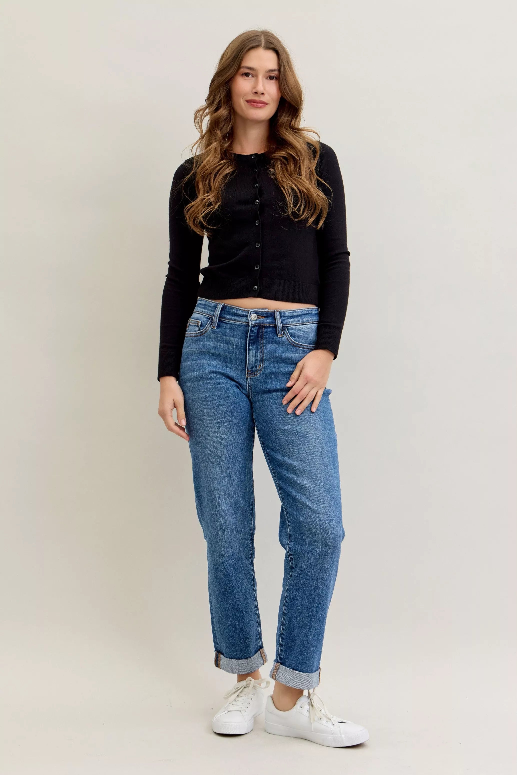 Judy Blue Mid Rise Boyfriend Classic Cuffed Jeans