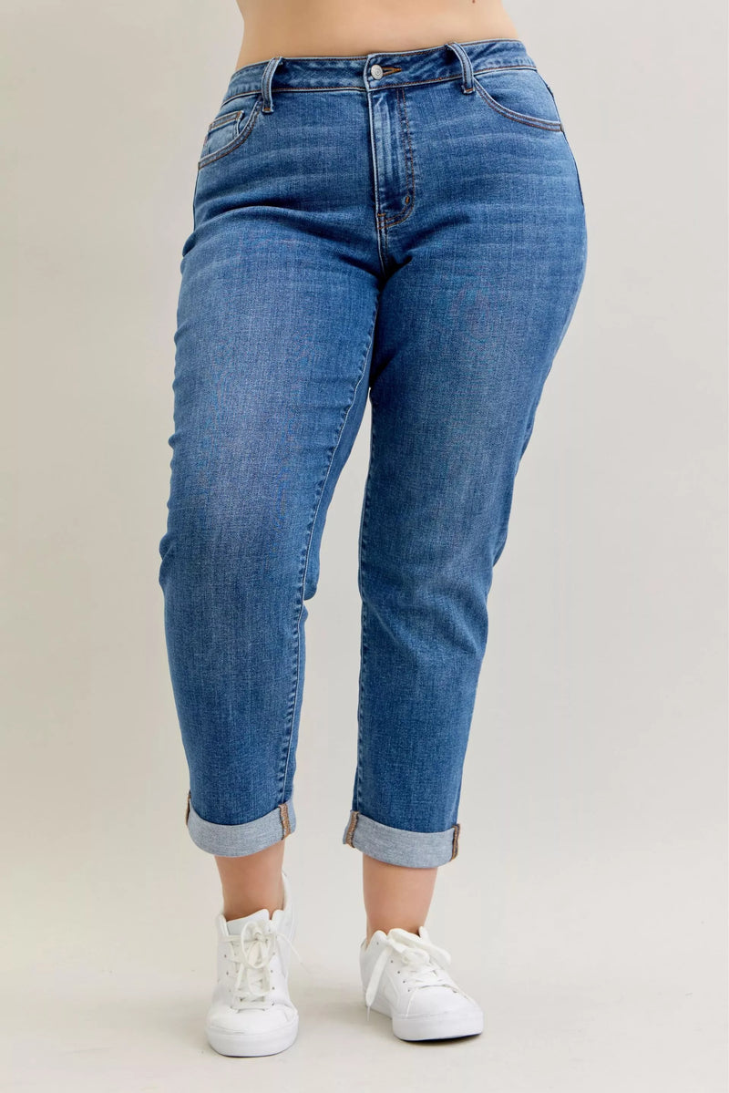 Judy Blue Mid Rise Boyfriend Classic Cuffed Jeans