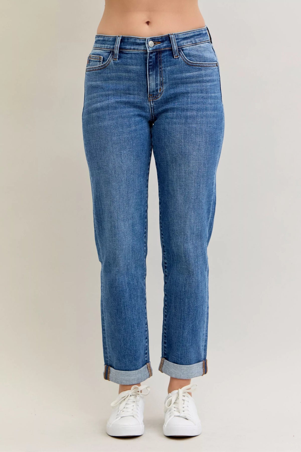 Judy Blue Mid Rise Boyfriend Classic Cuffed Jeans