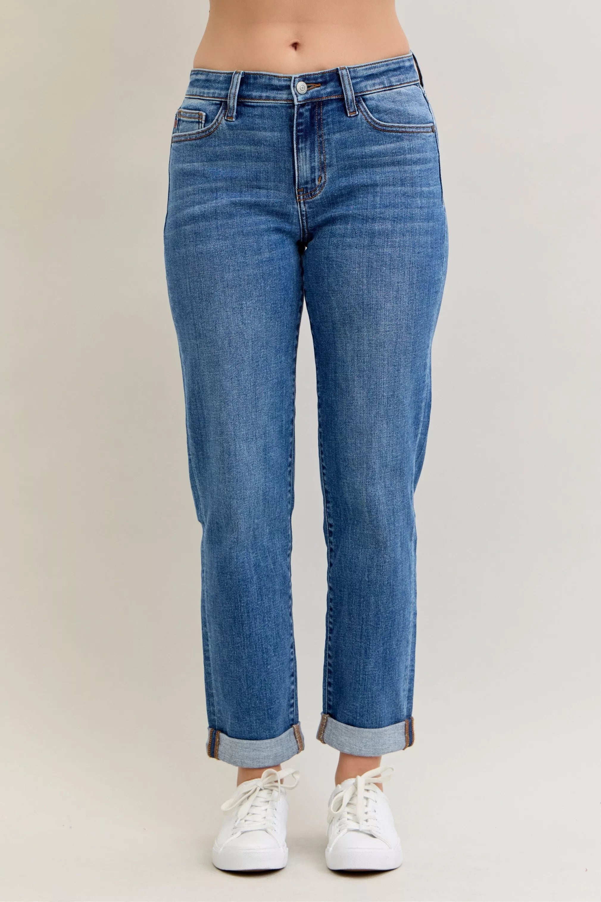 Judy Blue Mid Rise Boyfriend Classic Cuffed Jeans