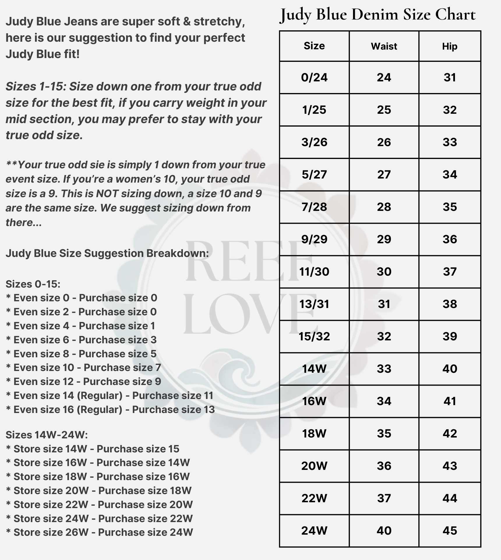 Judy Blue Jeans size chart with waist and hip measurements by Reef Love