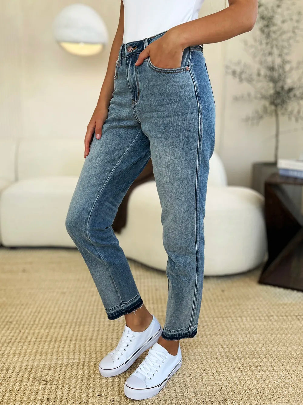 Judy Blue Mid Rise Rigid Magic Release Hem Jeans-Judy Blue Mid Rise Rigid Magic Release Hem Jeans with structured fit + stretch comfort. Trendy release hem. Available in standard & plus sizes.