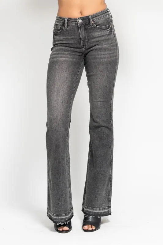 Judy Blue Mid Rise Washed Gray Release Hem Flare Jeans