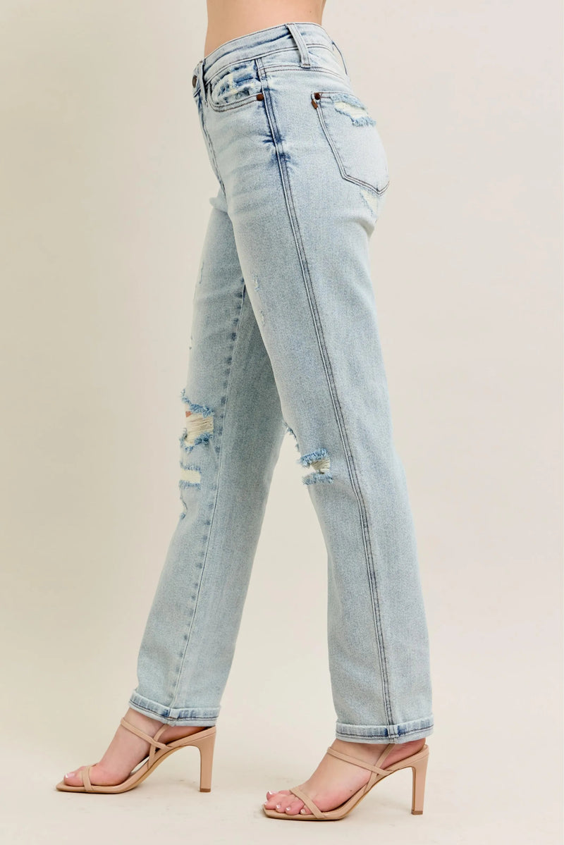 Judy Blue Mr Repair Stitch Detail Destroy Single Cuff Boyfriend Jeans Plus Size-Reef Love