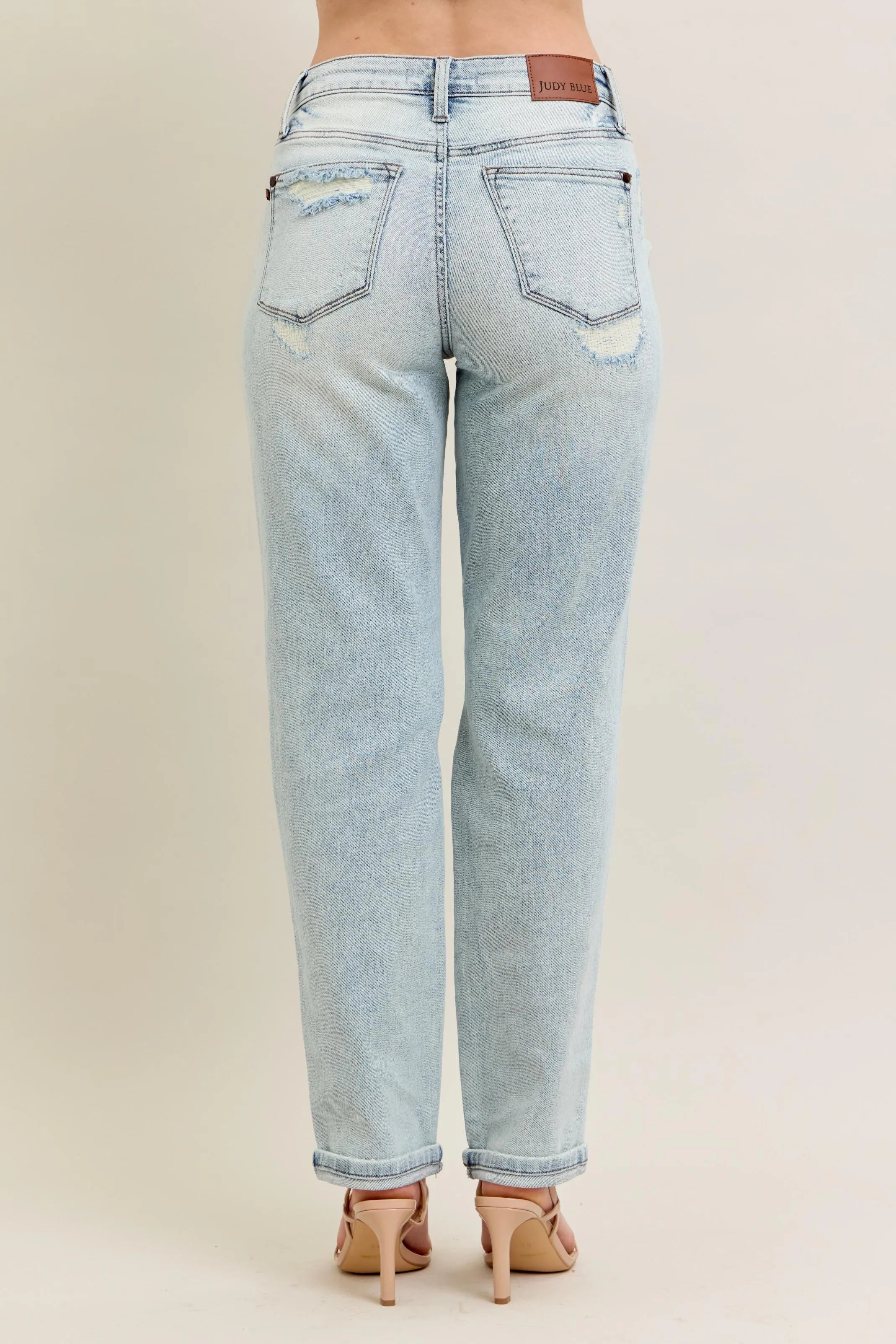 Judy Blue Mr Repair Stitch Detail Destroy Single Cuff Boyfriend Jeans Plus Size-Reef Love