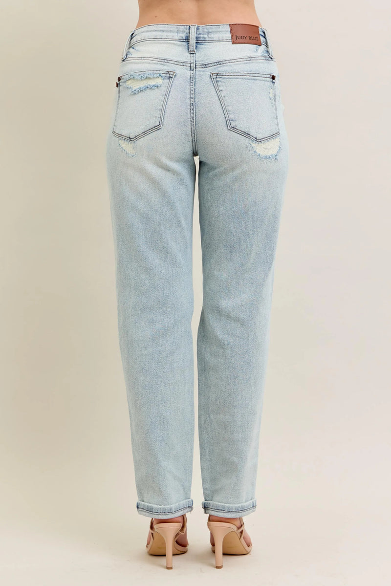 Judy Blue Mr Repair Stitch Detail Destroy Single Cuff Boyfriend Jeans Plus Size-Reef Love