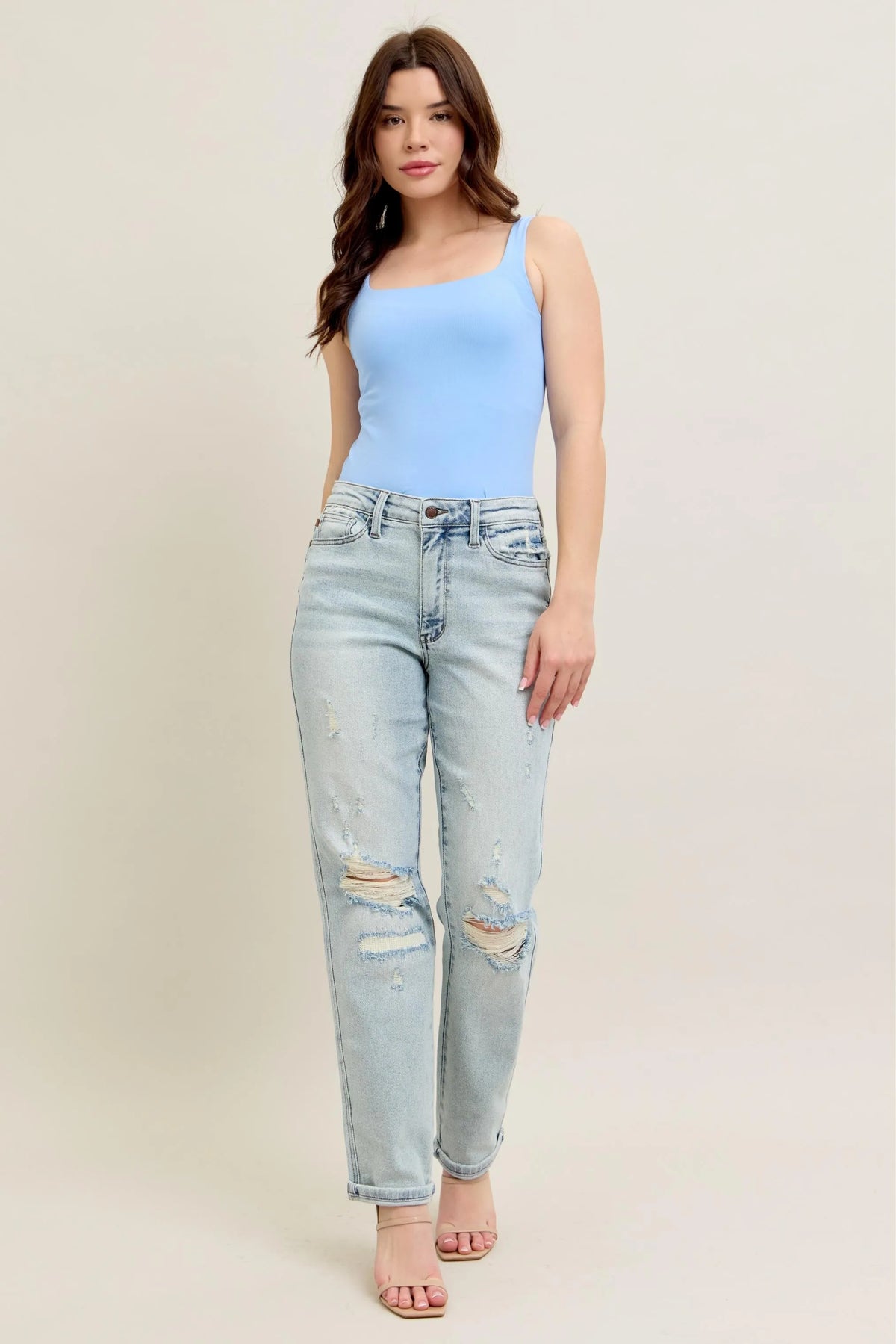 Judy Blue Mr Repair Stitch Detail Destroy Single Cuff Boyfriend Jeans Plus Size-Reef Love