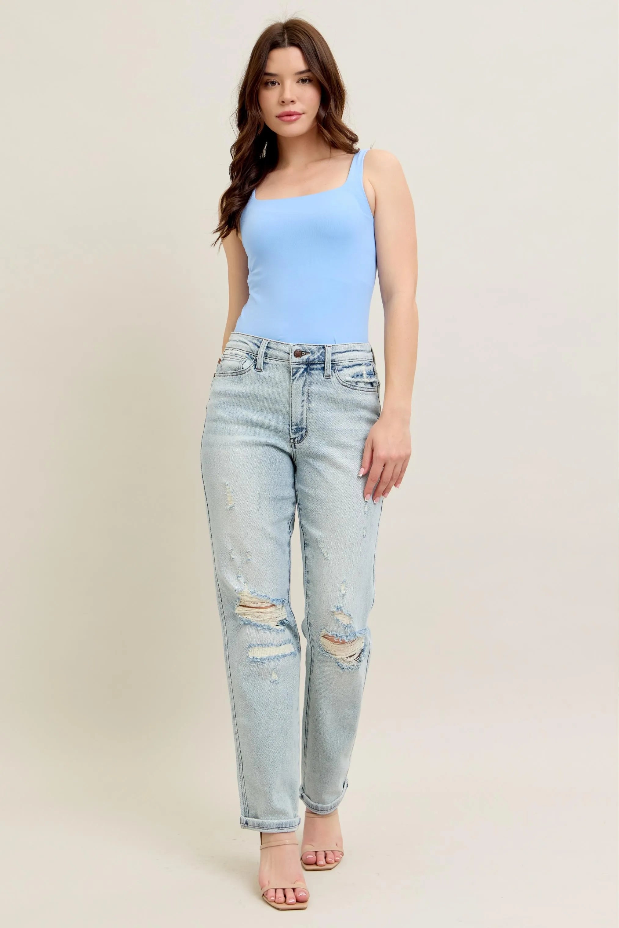 Judy Blue Mr Repair Stitch Detail Destroy Single Cuff Boyfriend Jeans Plus Size-Reef Love