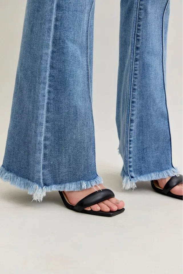 Judy Blue Pintuck High Waist Flare Fray Hem Jeans-