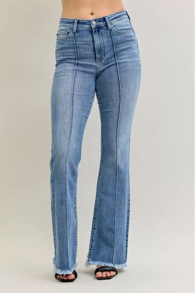 Judy Blue Pintuck High Waist Flare Fray Hem Jeans-