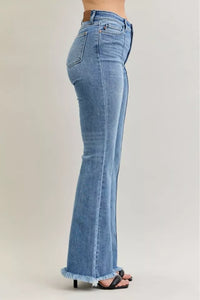 Judy Blue Pintuck High Waist Flare Fray Hem Jeans-