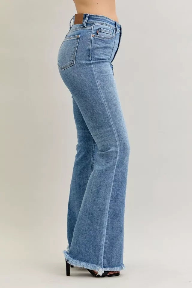 Judy Blue Pintuck High Waist Flare Fray Hem Jeans-