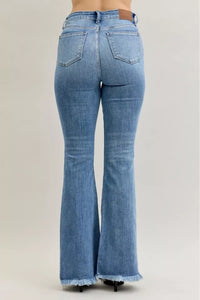 Judy Blue Pintuck High Waist Flare Fray Hem Jeans-