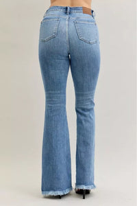 Judy Blue Pintuck High Waist Flare Fray Hem Jeans-