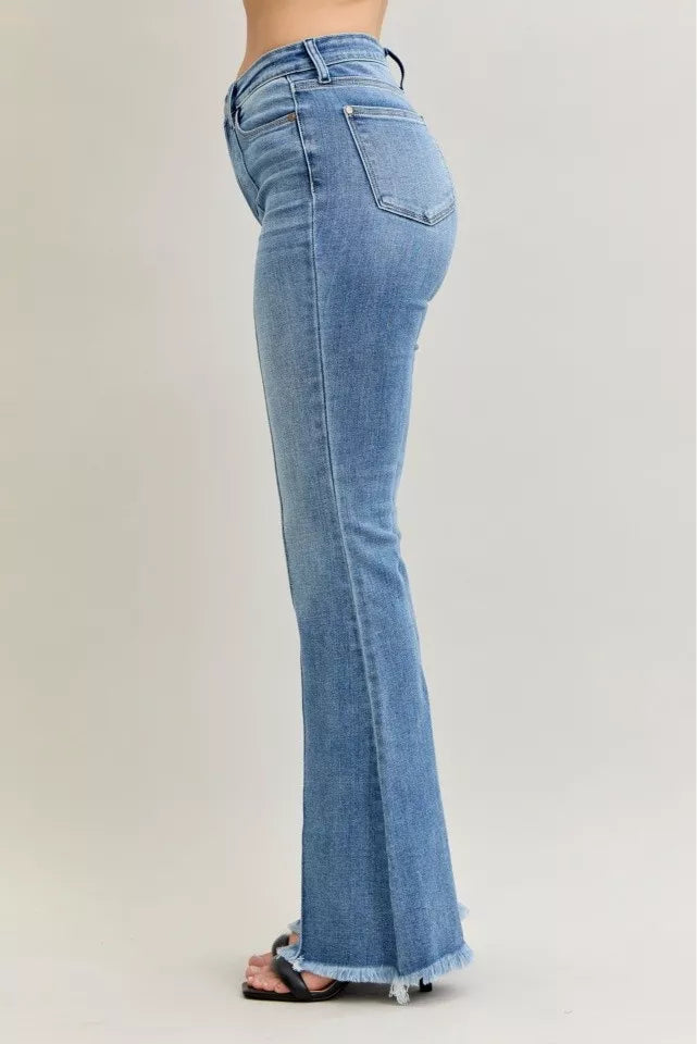 Judy Blue Pintuck High Waist Flare Fray Hem Jeans-