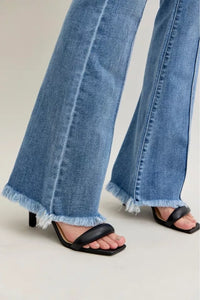 Judy Blue Pintuck High Waist Flare Fray Hem Jeans-