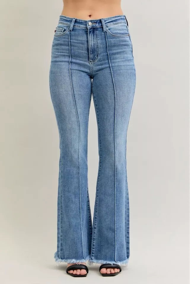 Judy Blue Pintuck High Waist Flare Fray Hem Jeans-
