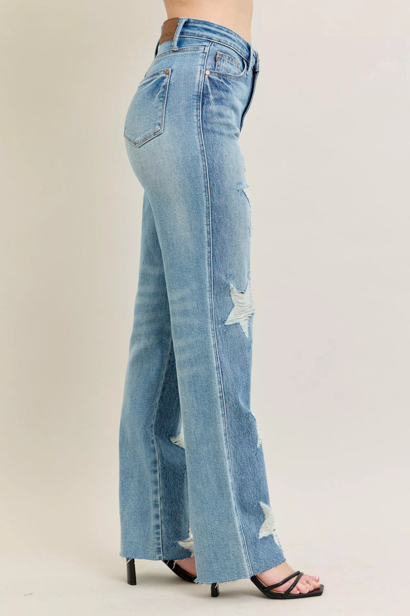 Judy Blue Rigid Magic Star Shaped Destroy 90's Straight Jeans