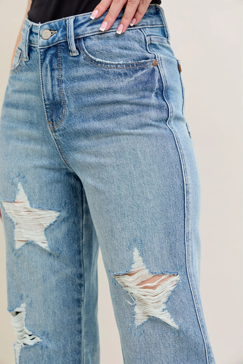 Judy Blue Rigid Magic Star Shaped Destroy 90's Straight Jeans