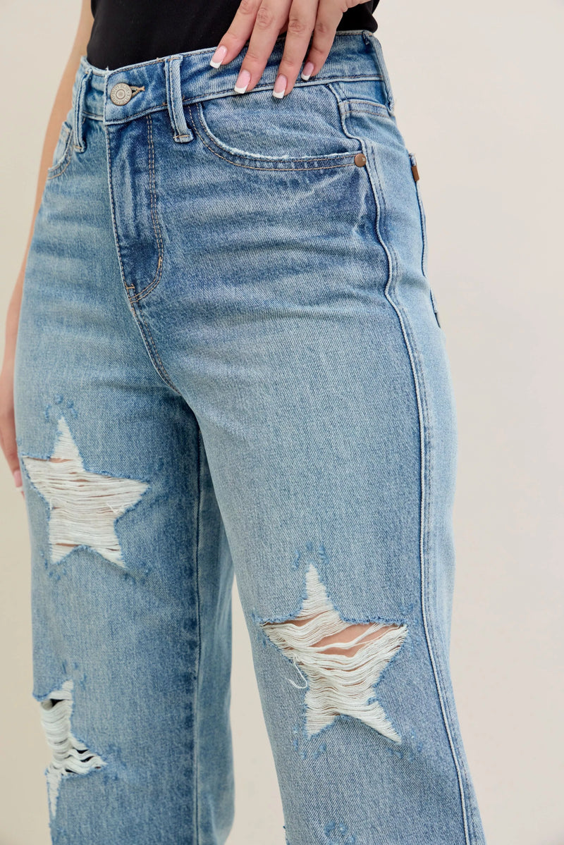 Judy Blue Rigid Magic Star Shaped Destroy 90's Straight Jeans