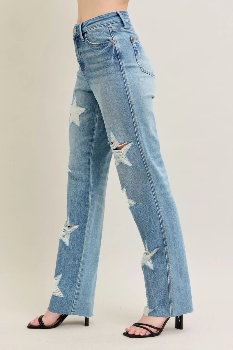 Judy Blue Rigid Magic Star Shaped Destroy 90's Straight Jeans