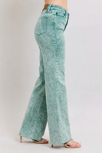 Judy Blue Sea Green High Waist Garment Dyed Raw Hem Dad Jeans