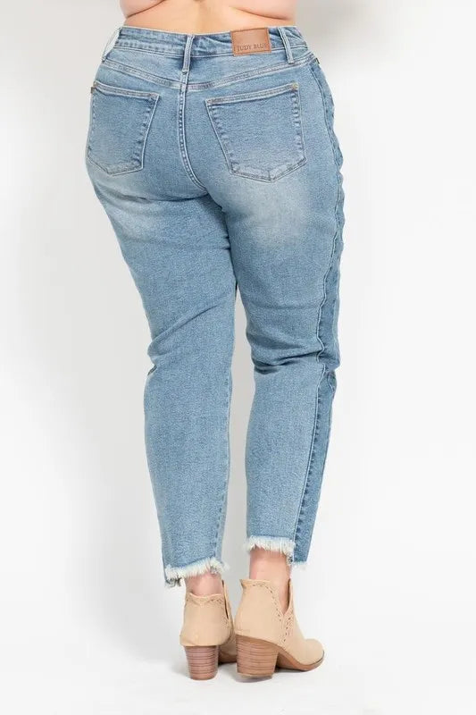 Judy Blue Vintage Wash Side Panel Detail with Fray Hem Slim Fit Jeans