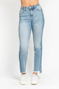 Judy Blue Vintage Wash Side Panel Detail with Fray Hem Slim Fit Jeans