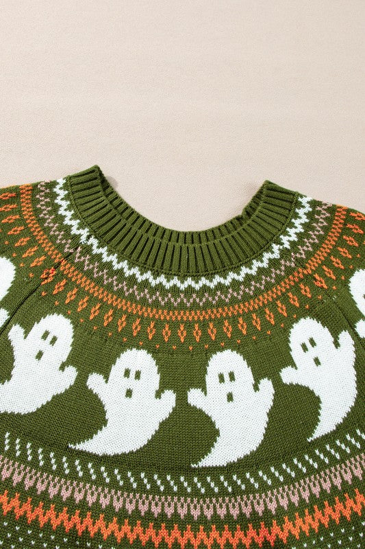 Celebrate spooky season in style with the Ghost Pattern Sweater. Cozy knit, ghost polka dots, perfect for fall & Halloween.