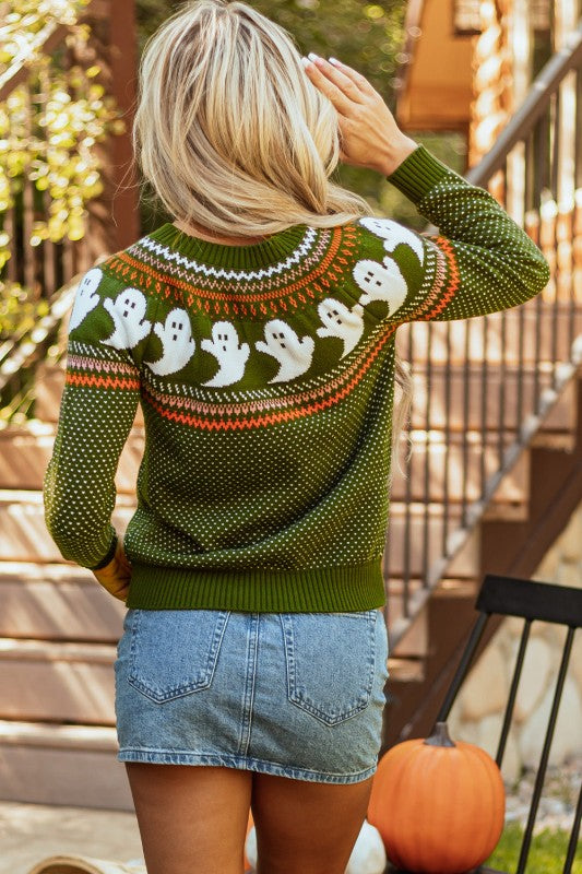 Celebrate spooky season in style with the Ghost Pattern Sweater. Cozy knit, ghost polka dots, perfect for fall & Halloween.