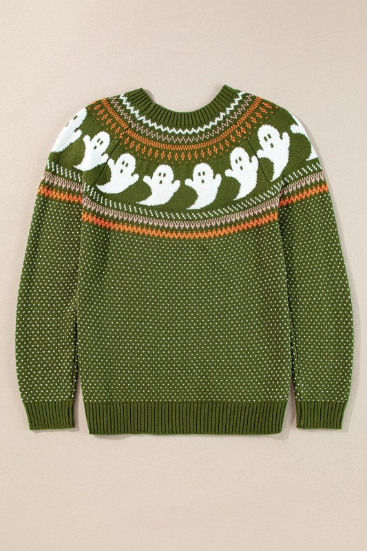 Celebrate spooky season in style with the Ghost Pattern Sweater. Cozy knit, ghost polka dots, perfect for fall & Halloween.