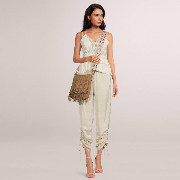 Boho-Chic Kelce Influencer Vegan Suede Fringe Crossbody Bag