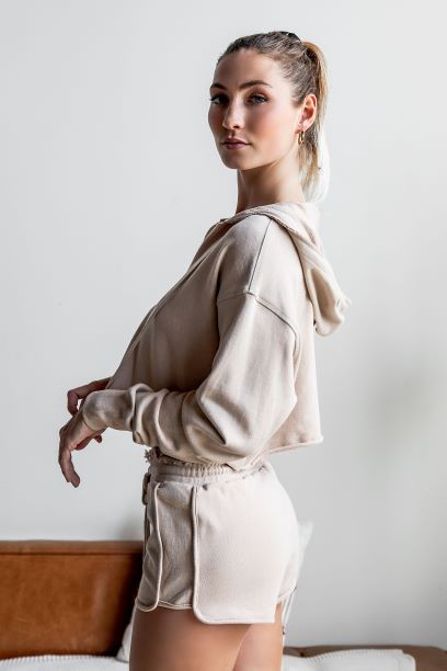 Khaki Raw Edges Cropped Hoodie and Bottom Set