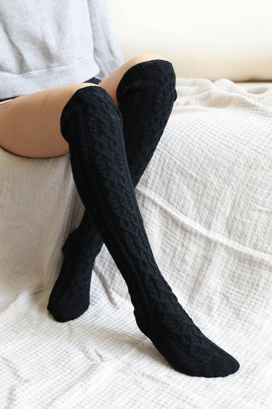 Knee High Cable Knit Socks-Knee High Cable Knit Socks for cozy lounging. One Size, Cable Knit, Regular Knee High, multiple color options.
