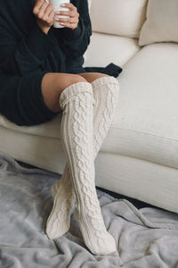 Knee High Cable Knit Socks-Knee High Cable Knit Socks for cozy lounging. One Size, Cable Knit, Regular Knee High, multiple color options.