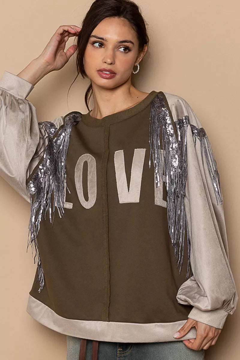 LOVE Balloon Sleeve Sweatshirt with Sequin Tassel