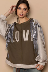 LOVE Balloon Sleeve Sweatshirt with Sequin Tassel
